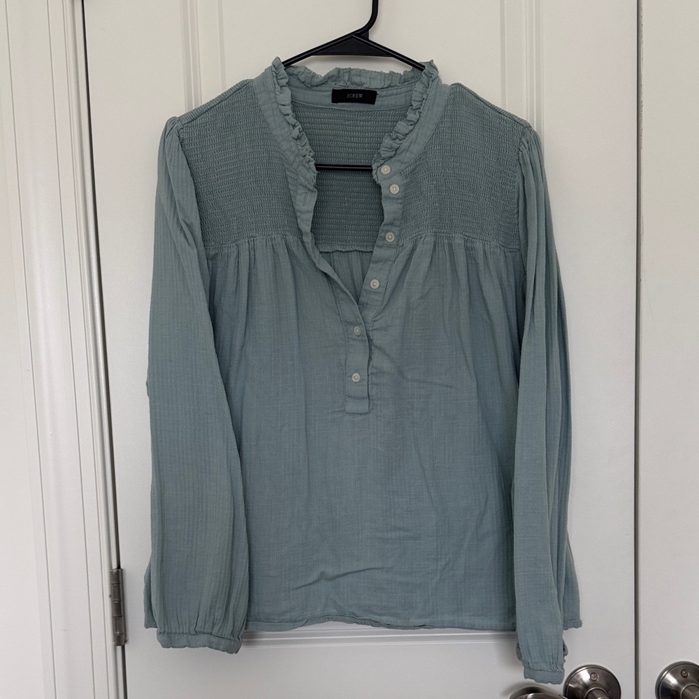 J. Crew Sage Blue Ruffle-Yoke Button Placket Blouse